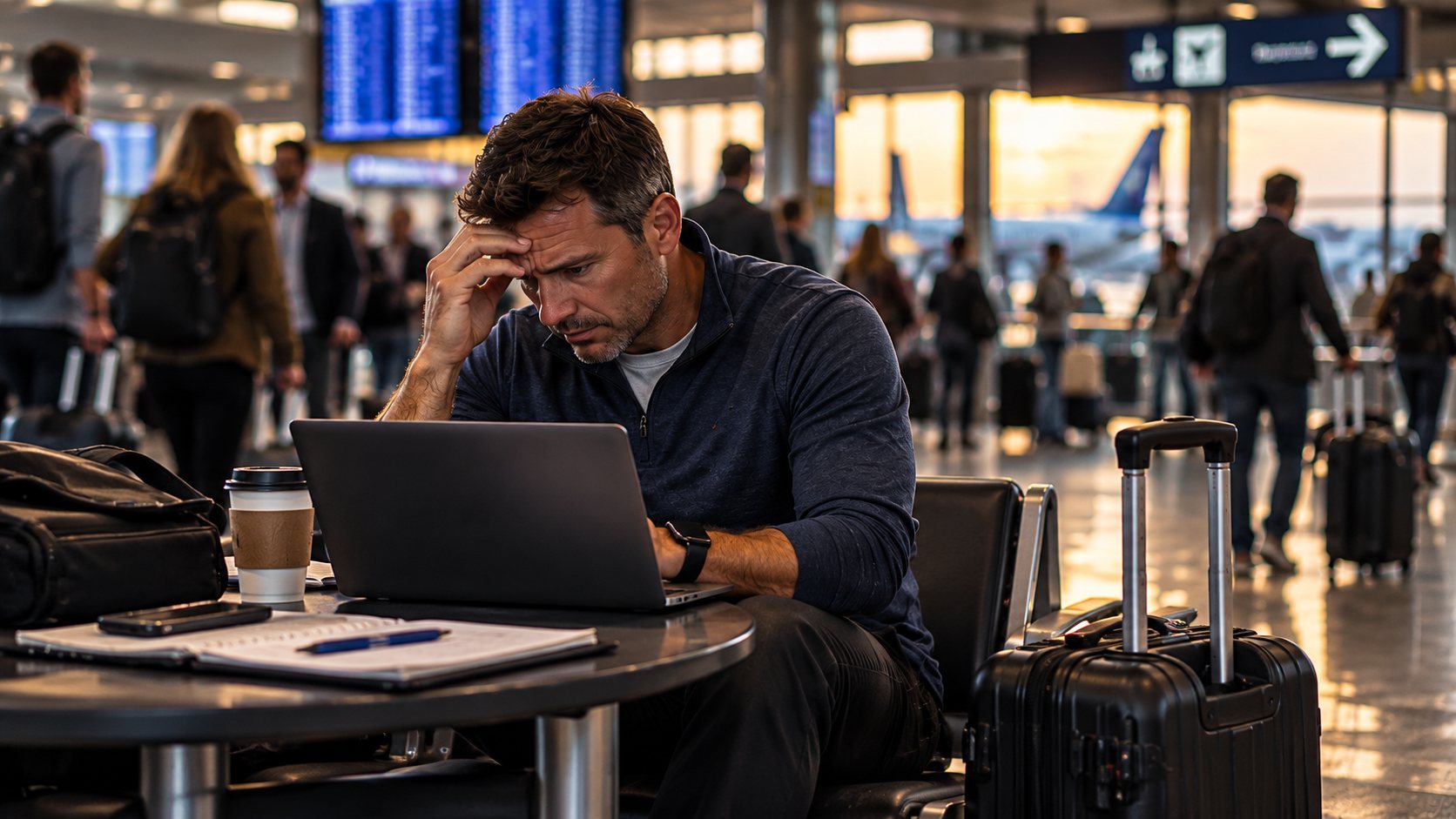 A man at an airport gate rubs his forehead over a laptop, his carry-on beside him.